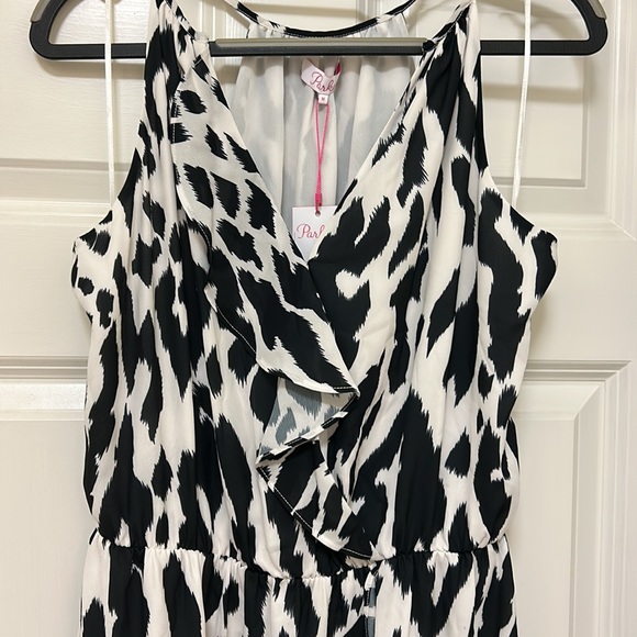 NWT Parker Brand zebra and White/Ivory Ruffle Dress Size M - Picture 2 of 14